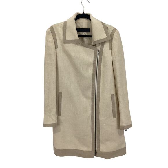 Jenni Kayne Contrast Trim Asymmetrical Coat Cream And Beige Size 8 Rare - Picture 2 of 10
